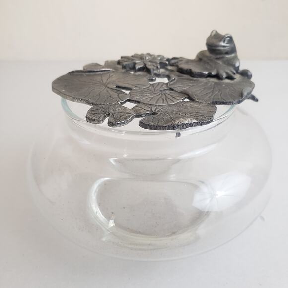 Vtg Metzke‎ 70s Pewter Frog on Lily Pad Lid, Pattern Glass Potpourri Trinket Jar - Picture 3 of 8